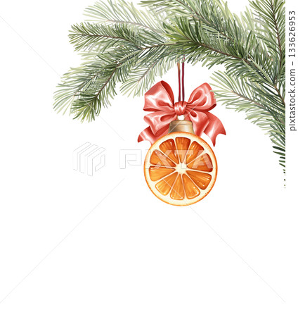 Isolated illustration of a hand-drawn pine branch with a hanging dried orange slice decorated with a red bow 133626953