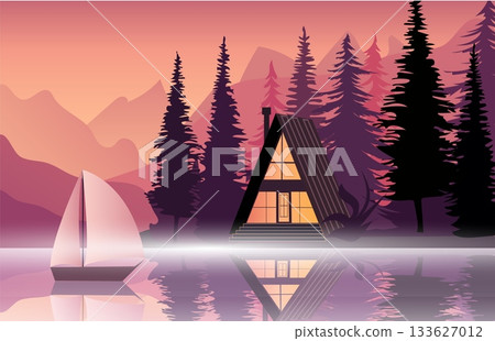 A peaceful cabin rests by the lakeshore, with tall pine trees and distant mountains framing the scene. A sailboat glides gently on the calm water, reflecting the warm colors of sunset 133627012
