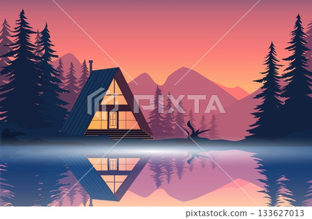 A cozy cabin sits by a serene lake at sunset, surrounded by tall trees and majestic mountains. The warm glow from the cabin contrasts with the cool evening hues 133627013