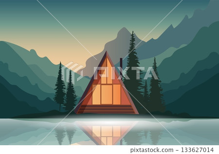 A cozy cabin sits nestled among tall trees in the mountains. The sun sets behind the peaks, casting warm light on the water s surface, creating a peaceful atmosphere for relaxation 133627014