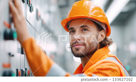 Male technician in orange safety gear is operating control panel in industrial setting, showcasing expertise and focus on electrical systems 133627102
