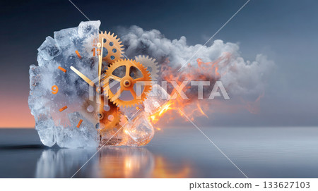 Clock embedded in ice with gears and smoke, symbolizing the passage of time and the contrast between cold and heat in a surreal composition 133627103
