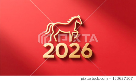Golden horse symbolizing the year 2026 stands prominently against a vibrant red background, representing new beginnings and festive celebrations 133627107