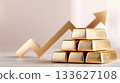 Gold bars stacked in a pyramid shape with an upward trending arrow in the background, symbolizing financial growth and investment opportunities 133627108