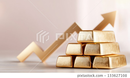 Gold bars stacked in a pyramid shape with an upward trending arrow in the background, symbolizing financial growth and investment opportunities 133627108