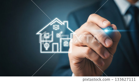 Business professional is illustrating smart home technology concepts with digital icons, showcasing innovation and connectivity in modern living spaces Business professional is illustrating smart home technology concepts with digital icons, showcasing innovation and connectivity in modern living spaces 133627111