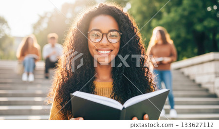 Young woman student with curly hair is reading a book outdoors on steps, surrounded by peers, showcasing a moment of learning and engagement in education Young woman student with curly hair is reading a book outdoors on steps, surrounded by peers, showcasing a moment of learning and engagement in education 133627112