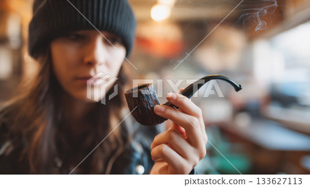 Woman in black beanie is thoughtfully holding a smoking pipe, surrounded by a cozy cafe atmosphere, reflecting on moments of contemplation 133627113