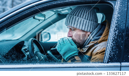 Man sitting in car during winter, warming hands with breath visible, surrounded by snow-covered landscape, conveying cold weather challenges 133627117