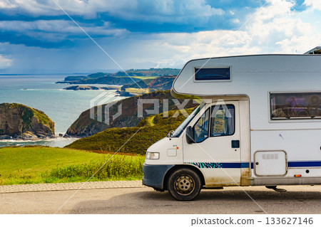 Camper car on sea coast in Asturias Spain. 133627146
