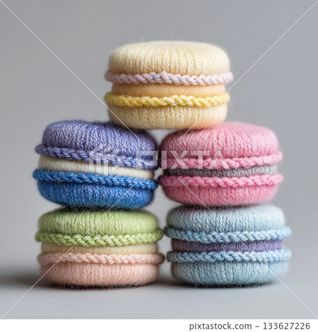 A pyramid stack of macarons crafted entirely from soft, pastel-colored yarn. Conceptual image merging dessert and textile art, highlighting creativity and softness. High quality photo A pyramid stack of macarons crafted entirely from soft, pastel-colored yarn. Conceptual image merging dessert and textile art, highlighting creativity and softness. High quality photo 133627226