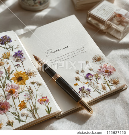 Open journal featuring pressed dried flowers and a handwritten note Dear me. A fountain pen rests on the page, evoking themes of selfcare, memory, and writing. High quality photo 133627230