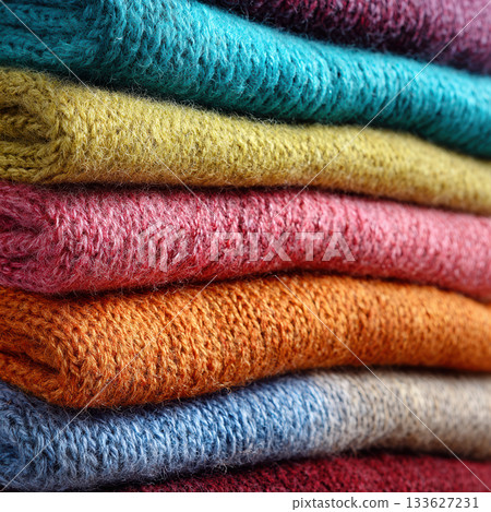 Close-up of a neatly folded stack of garments or textiles featuring vibrant, colorful knit patterns. Focus on the soft fabric texture and warm clothing materials. High quality photo 133627231