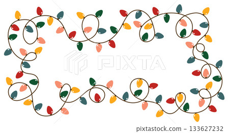 A garland of brightly colored light bulbs. Festive neon Christmas decorations and party supplies. Icicle. Festive vector frame with sparkling lights. A garland of brightly colored light bulbs. Festive neon Christmas decorations and party supplies. Icicle. Festive vector frame with sparkling lights. 133627232