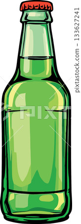 Green glass beer bottle with red cap standing on white background Green glass beer bottle with red cap standing on white background 133627241