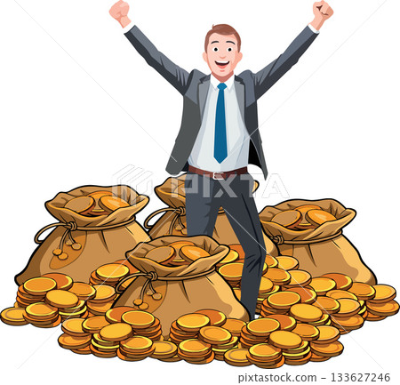 Businessman celebrating with bags and piles of gold coins Businessman celebrating with bags and piles of gold coins 133627246
