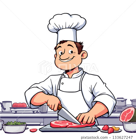 Smiling chef cutting meat in a restaurant kitchen Smiling chef cutting meat in a restaurant kitchen 133627247