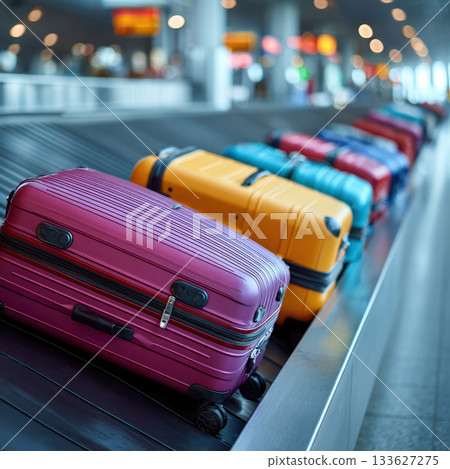 Dynamic, shallow depth-of-field shot of bright suitcases on an airport baggage carousel. Focus on a magenta bag, creating a sense of motion, travel, and style. High quality photo 133627275
