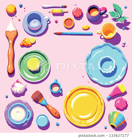 Colorful ceramic painting tools and objects arranged on pink background 133627277