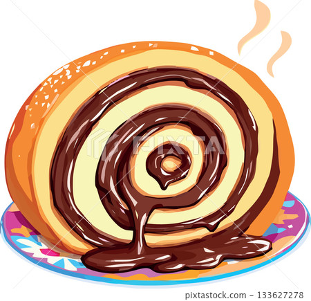 Hot swiss roll overflowing with melted chocolate on a plate Hot swiss roll overflowing with melted chocolate on a plate 133627278