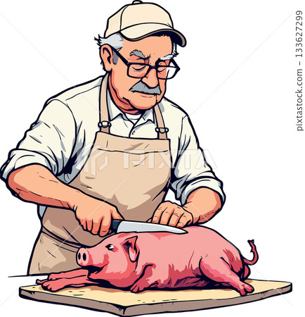 Butcher preparing suckling pig, holding knife, cutting pork meat Butcher preparing suckling pig, holding knife, cutting pork meat 133627299
