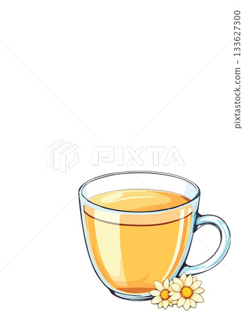 Glass cup of chamomile tea with chamomile flowers resting at the base Glass cup of chamomile tea with chamomile flowers resting at the base 133627300