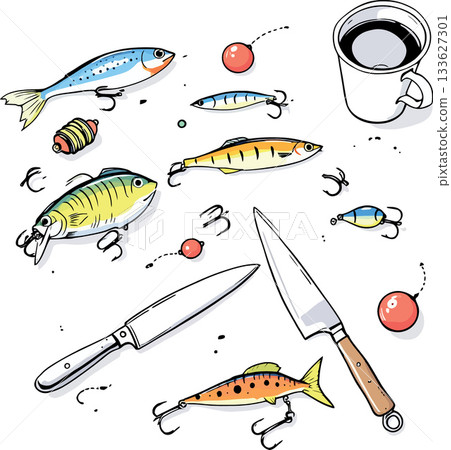 Fishing lures, hooks, knife, floats and coffee mug lying on white background Fishing lures, hooks, knife, floats and coffee mug lying on white background 133627301