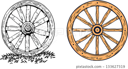 Rustic and modern wooden wagon wheels illustration Rustic and modern wooden wagon wheels illustration 133627319