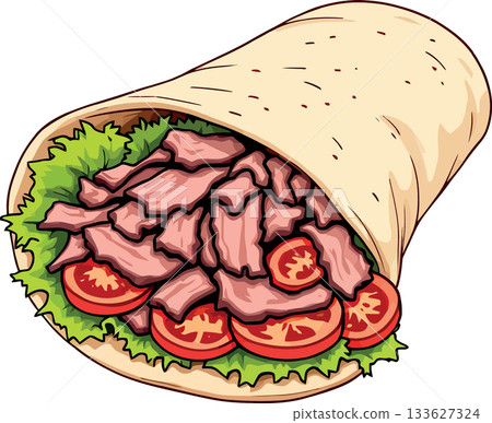 Delicious doner kebab wrap with grilled meat, tomatoes, and lettuce filling a flatbread Delicious doner kebab wrap with grilled meat, tomatoes, and lettuce filling a flatbread 133627324