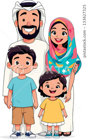 Happy muslim family smiling together, father, mother, son and daughter Happy muslim family smiling together, father, mother, son and daughter 133627325