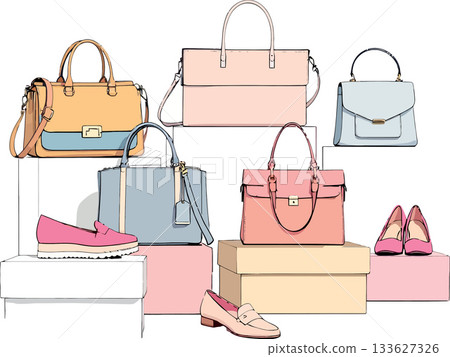 Vsai fashion bags and shoes displayed on pedestals, shopping and retail concept 133627326