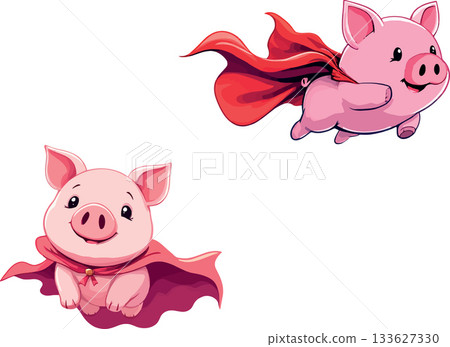 Two super pigs flying with red capes, cartoon illustration 133627330