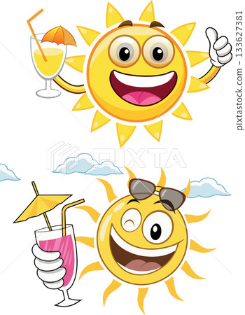 Happy sun holding tropical drinks enjoying summer vacation 133627381