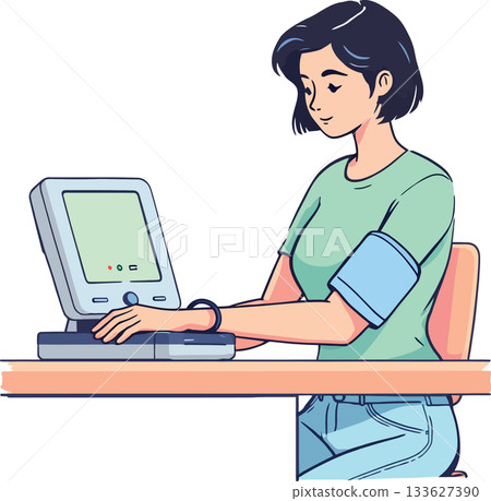 Young woman checking blood pressure with digital sphygmomanometer at home 133627390