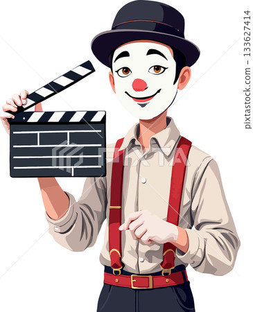 Mime artist holding movie clapperboard starting film scene Mime artist holding movie clapperboard starting film scene 133627414