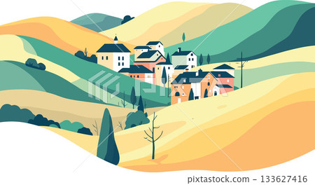 Idyllic italian countryside landscape painting with rolling hills and cypress trees 133627416