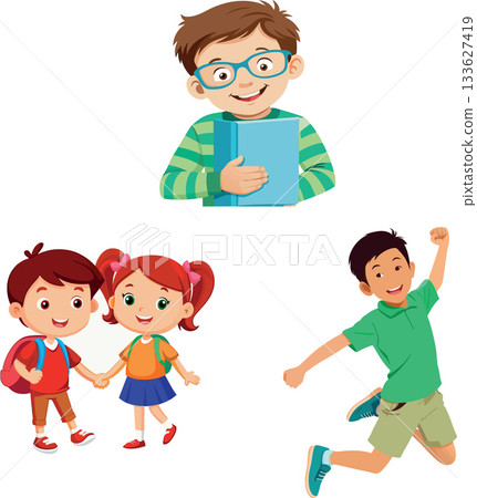 Smiling school kids holding hands, jumping and holding book 133627419