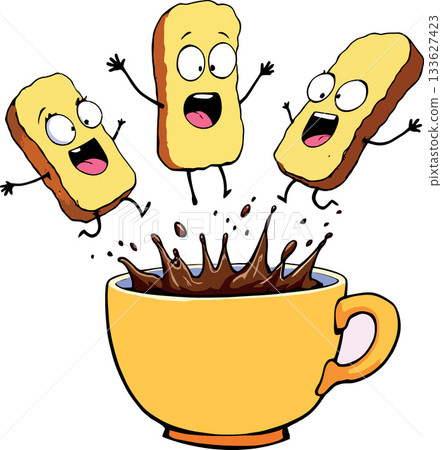 Three slices of bread jumping into a cup of coffee, funny breakfast concept 133627423