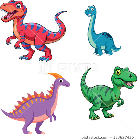 Four cartoon dinosaurs standing and smiling 133627430