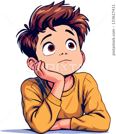 Pensive child resting chin on hand, gazing upwards in contemplation Pensive child resting chin on hand, gazing upwards in contemplation 133627431