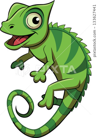 Happy green chameleon cartoon character smiling and holding on 133627441
