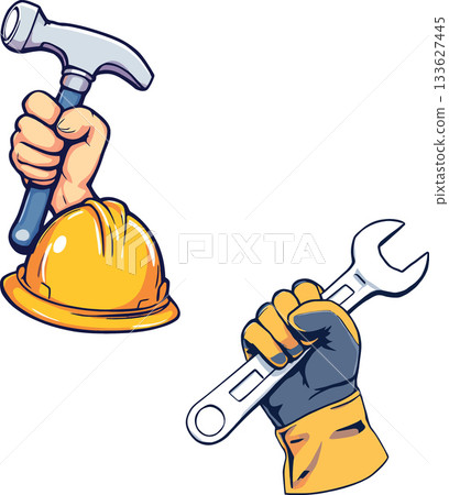 Construction worker holding hammer and wrench with safety helmet Construction worker holding hammer and wrench with safety helmet 133627445