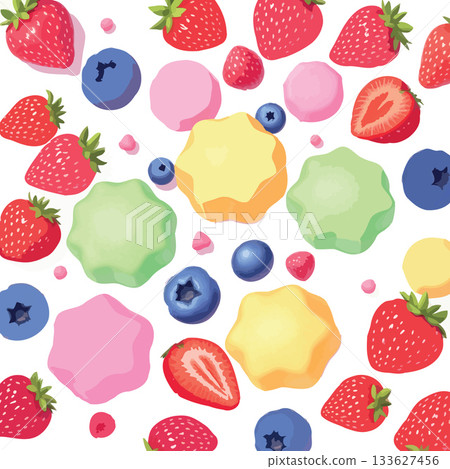 Colorful star shaped marshmallows with strawberries and blueberries forming a seamless pattern 133627456
