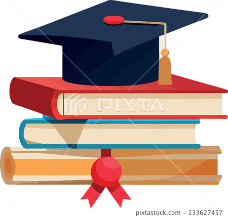 Graduation cap placed on a stack of books with diploma and red ribbon Graduation cap placed on a stack of books with diploma and red ribbon 133627457