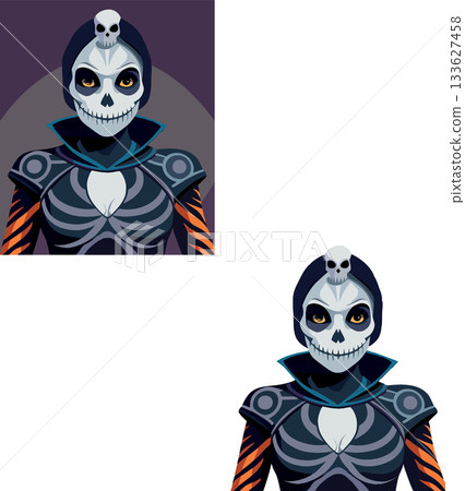Woman wearing skull makeup and skeleton costume posing for halloween party Woman wearing skull makeup and skeleton costume posing for halloween party 133627458