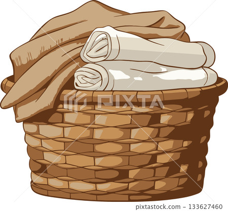 Wicker laundry basket overflowing with freshly laundered towels and clothes 133627460