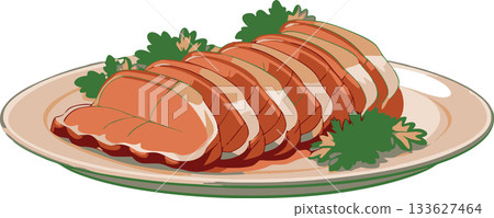 Sliced roast beef garnished with parsley on oval platter Sliced roast beef garnished with parsley on oval platter 133627464