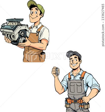 Mechanics holding car engine and keys, smiling, repair shop, auto service Mechanics holding car engine and keys, smiling, repair shop, auto service 133627465
