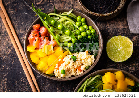 Healthy bowl with salmon and vegetables Healthy bowl with salmon and vegetables 133627521