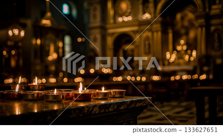 A row of lit candles sitting on top of a table in a church 133627651